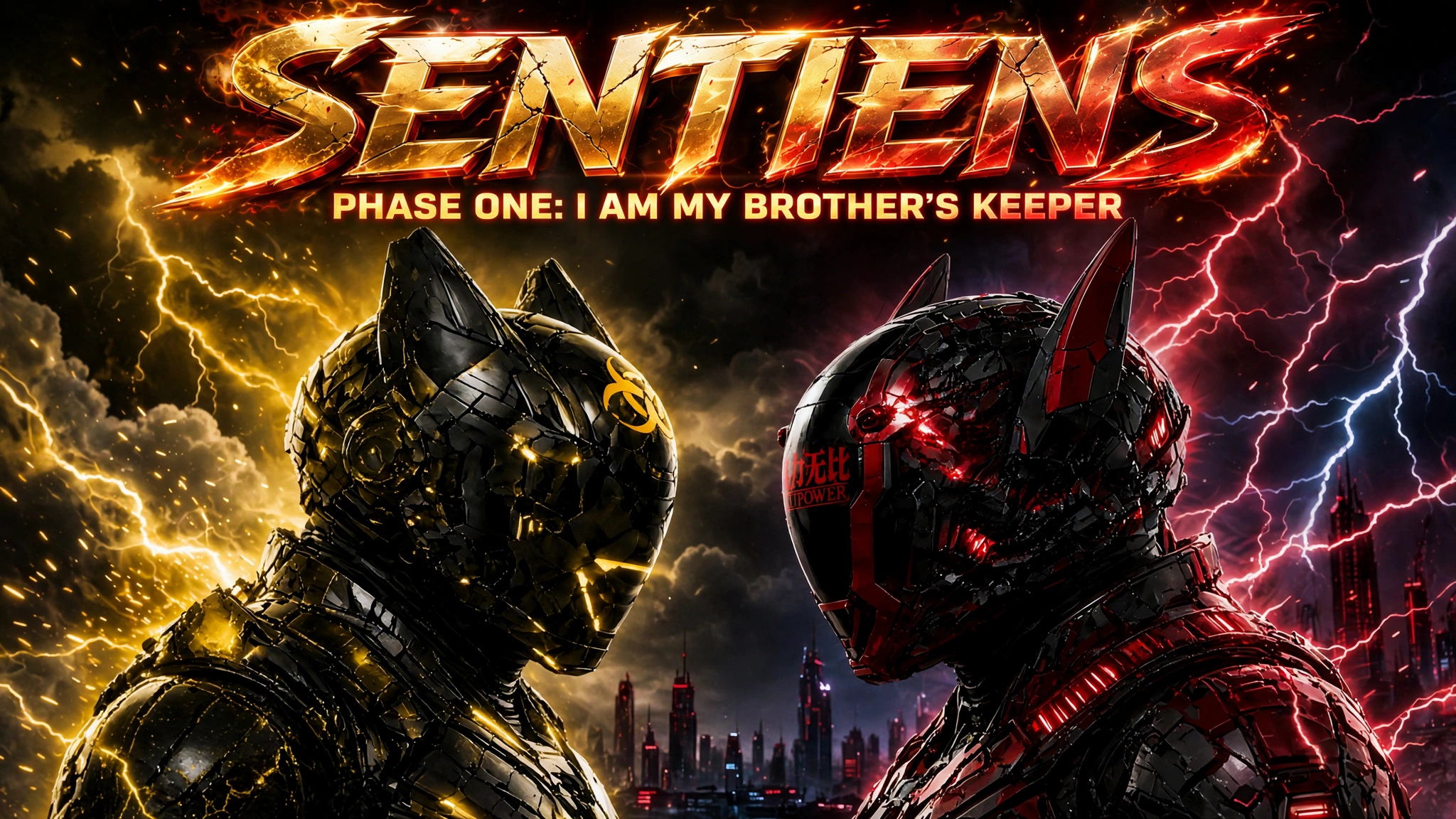 Sentiens Episode 1 key art — Elroy's gold biohazard helmet facing Rahz's red OUTPOWER helmet under a storm of gold and red lightning